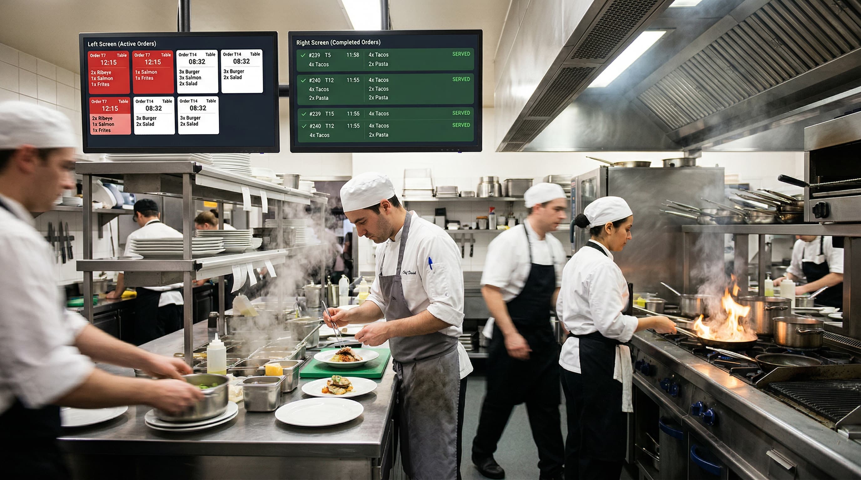 Cocina con dos pantallas: pedidos activos y pedidos completados