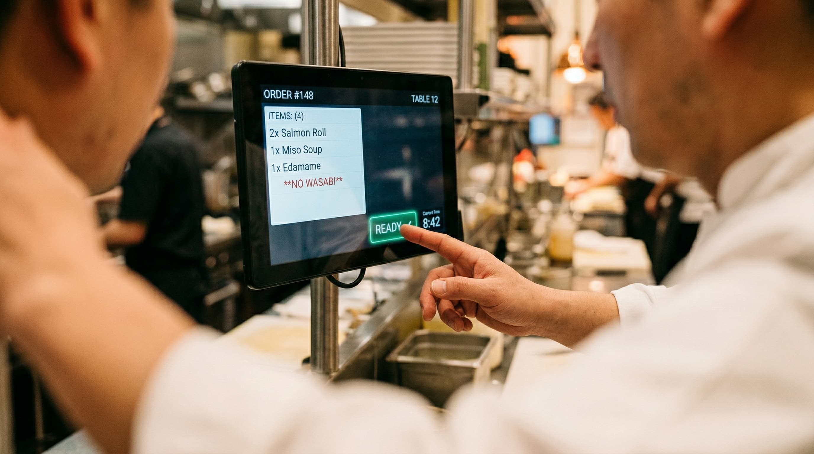 Chef marcando un pedido como listo con un toque en pantalla