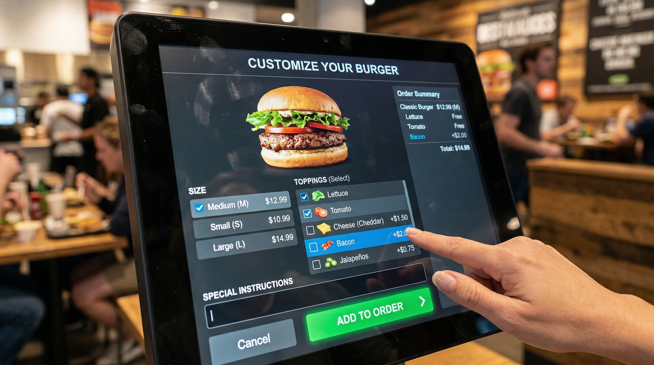 Personalizando un pedido con opciones y modificadores en pantalla