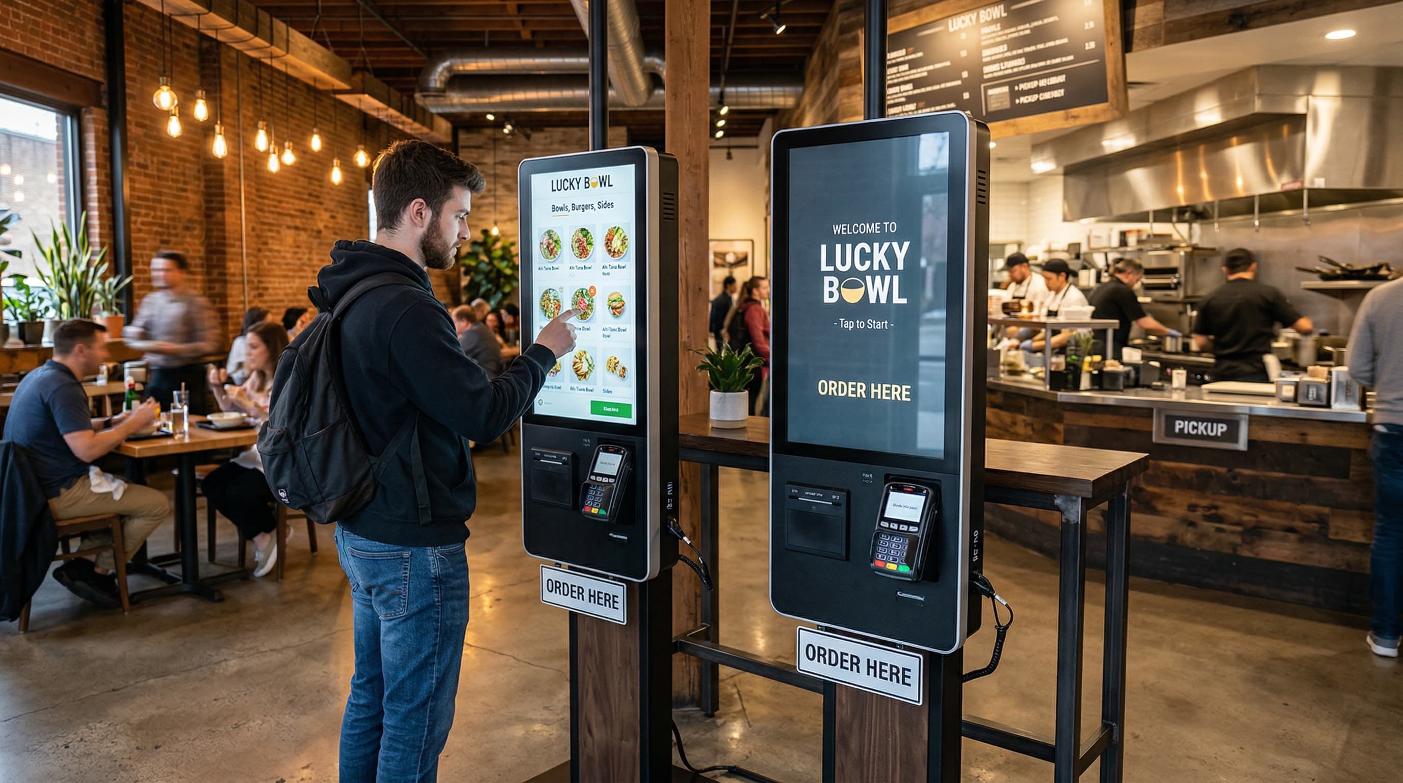 Dos kioscos en la entrada del restaurante listos para recibir pedidos