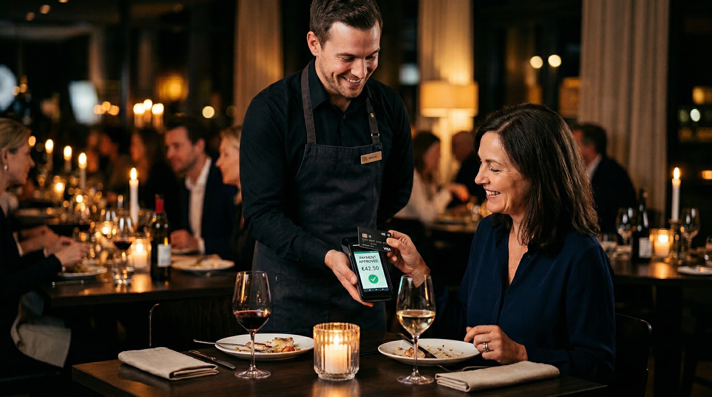 Procesando un pago contactless en mesa con el terminal portátil