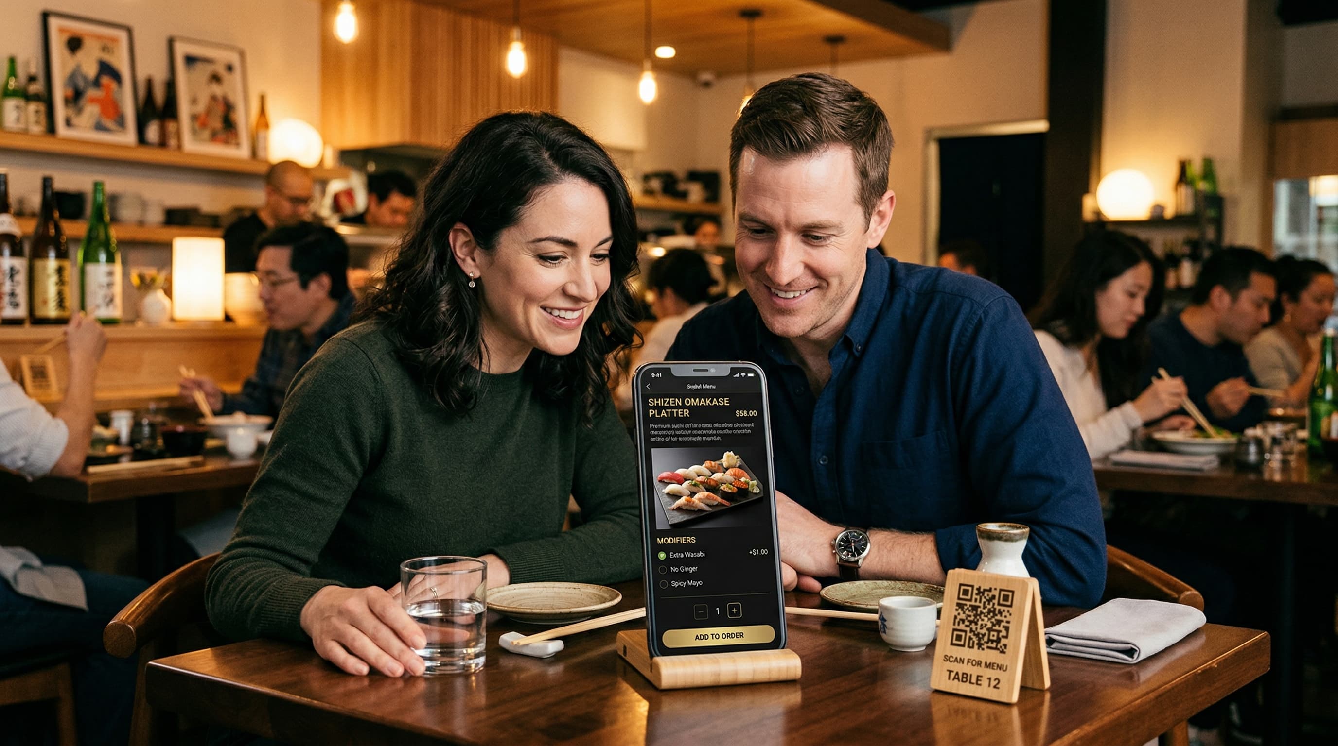 Pareja consultando el menú desde el móvil con fotos de los platos